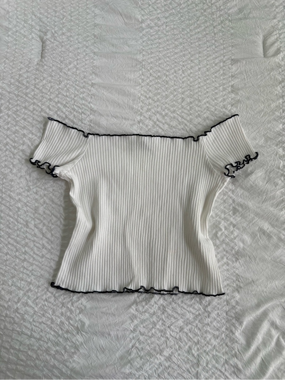 Zara White Ribbed Off-Shoulder Crop Top with Navy Blue Trim